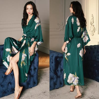 Grote Maten Dames Lange Badjas Nachtkleding Print Bloem Kimono Badjas Gewaad Loungewear Lente Zomer Losse Casual Satijnen Huisjurk One size gray