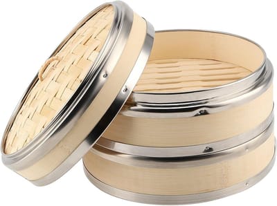 Bamboestoommandje 20 cm, 2-laags stoominrichting voor dumplings, handgemaakt keukengerei met herbruikbare katoenen vellen voor dim sum en andere gerechten