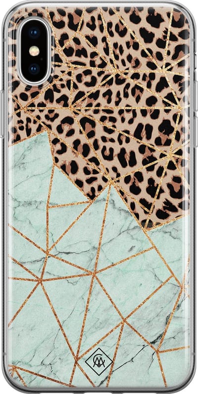 Casimoda® hoesje - Geschikt voor iPhone Xs - Luipaard Marmer Mint - Siliconen/TPU telefoonhoesje - Backcover - Luipaardprint - Roze