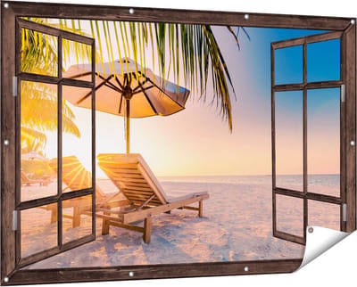 Gards Tuinposter Doorkijk Tropisch Strand tijdens Zonsondergang - 150x100 cm - Tuindoek - Tuindecoratie - Wanddecoratie buiten - Tuinschilderij