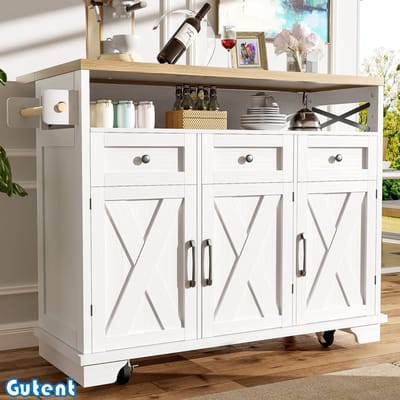 Gutent Keukenkasten (118 x 43-80 x 98 cm)-Houtnerf Eetkamerkast-Eetkamerwagen met wielen-Opbergruimte-Verwisselbaar tussenschot-met handdoekrek-Wit