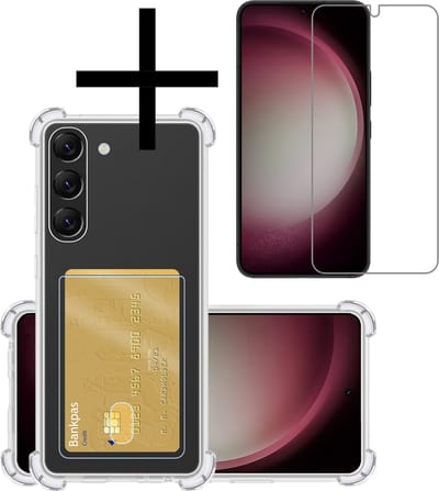Hoesje - Geschikt voor Samsung Galaxy S23 - Met Screenprotector - En Pashouder - En Kaarthouder - Telefoon Hoes Shockproof - Siliconen Case - Back Cover - Shock Proof - Pasjes Houder - Transparant