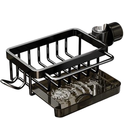 Dailygoods - Sponshouder voor gootsteenkranen, eenvoudige montage, duurzame ABS-constructie voor sponzen en reinigingsbenodigdheden, zwarte sponshouder met lekbak, van aluminium
