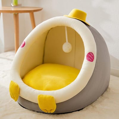 Maison pour chat pour toutes les saisons Lit pour chat semi-fermé Villa Chaud en hiver Niche pour chien amovible et lavable Fournitures pour animaux de compagnie d'automne Grey Penguin yellow