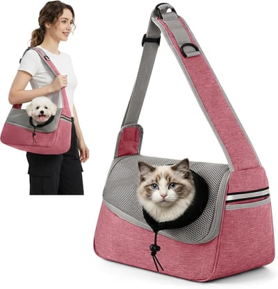 Draagbare Huisdier Sling - Reistas Kat Hond - Veilig Vervoer - Verstelbare Schouderband - 36x19x21 cm - Lichtroze