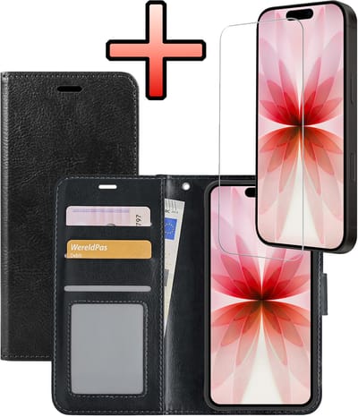 Hoesje - Met Screenprotector - Geschikt voor Apple iPhone 17 - Luxe Pasjeshouder - Bookcase Portemonee - Flip Case - Kunstleer Book Case - Flipcase - Book Cover - Walletcase - Portemonneehoes - Zwart