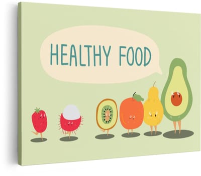 Artaza Canvas Schilderij Fruit - 120x80 cm - Wanddecoratie Kinderkamer - Muurdecoratie Gezond Eten - Decoratie Vrolijke Fruitkarakters