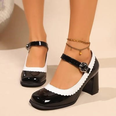 Dames Mary Jane Schoenen Retro Gemengde Kleuren Lakleer Ondiepe Mond Gespsluiting Dikke Hoge Hakken Pumps Sapatos Femininos 39