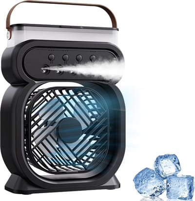 Draagbare Airco, Stille Mini Airco, Luchtkoeler, Bevochtiger, 3 Snelheden Vernevelingsventilator, Nachtlamp & Timer Voor Kantoor & Huis [Energieklasse A]