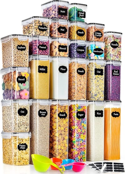 Voorraaddoos, 25-delige set, luchtdichte keukenorganizer van kunststof, met deksel, geschikt om muesli, meel, koffiebonen, cornflakes, spaghetti e.d. in te bewaren, formaat: 2,8 l, 2 l, 1,4 l, 0,8 l