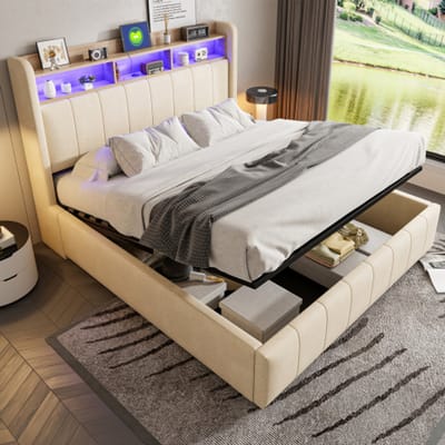 Zubaliya Tweepersoonsbed - 160x200 cm Beige - Linnenstof - Hydraulisch opbergruimte