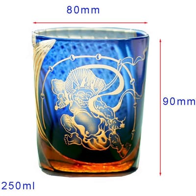 Style Japonais Artisanat Edo Kiriko Verre à Whisky Coloré Gravé Motif Raijin Fujin Avec Boîte Cadeau about 240ml-250ml bleu