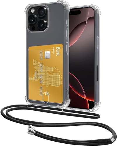 Hoes Geschikt voor Apple iPhone 16 Pro Hoesje Pasjeshouder Cover Met Koord Shock Proof Case Siliconen Hoes Met Telefoonkoord en Kaarthouder - Transparant