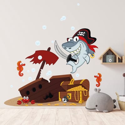 Muurstickers - Piratenhaai en de schat - Zelfklevende stickers - 90x60cm