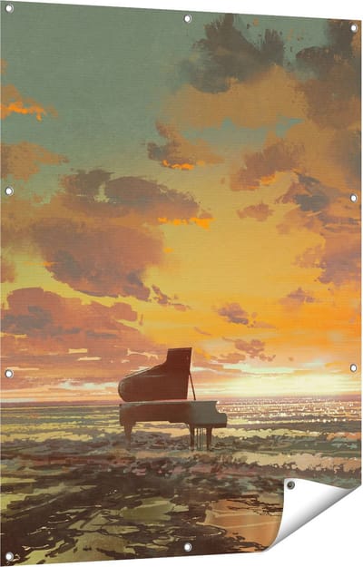 Gards Tuinposter Piano op het Strand bij Zonsondergang - 90x120 cm - Tuindoek - Tuindecoratie - Wanddecoratie buiten - Tuinschilderij