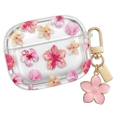 Transparant roze hoesje voor oordopjes dames met bloemen patroon en decoratieve hanger geschikt voor AirPods Pro 2 met ronde vorm en goudkleurige clip