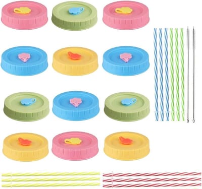 Dailygoods - Mason Jar-Deksels, 12 Stuks Deksels Voor Schroefpotten, Siliconen Ringen, Reinigingsborstel, Bpa-Vrij in Food Grade, Compatibel Met Mason Jars, Deksels Voor Potten, 4 Kleuren