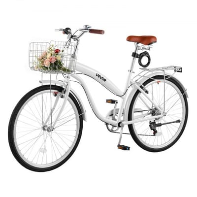 VEVOR dames cruiserfiets van 26 inch, draagvermogen 150 kg, 7 versnellingen, wit, voor woon-werkverkeer, boodschappen en stranduitstapjes, met dubbele V-remmen, bagagedrager van 50 kg, spatborden en gereedschapskit.