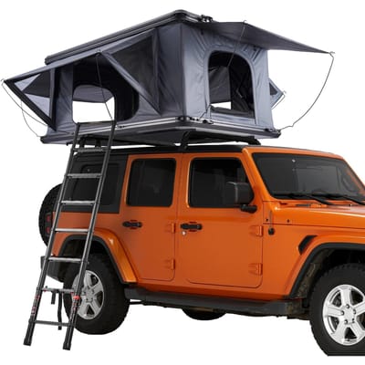 Tente de toit rigide, Tente de toit rigide en aluminium pour 2-3 personnes avec lumière LED tricolore, Matelas épais et 2 fenêtres, Imperméable et coupe-vent