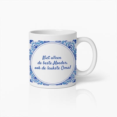 Beste Moeder en Leukste Oma Mok 330ml – Nederlandse Tegelstijl Koffiebeker met Hartverwarmende Tekst – Perfect Cadeau voor Moeders en Grootmoeders