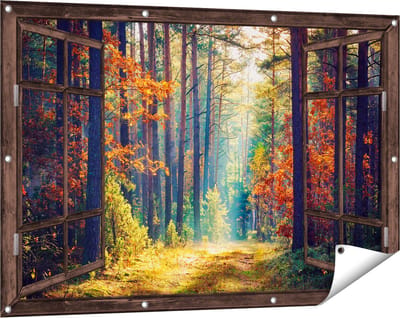 Gards Tuinposter Doorkijk Herfstbos met Zonneschijn - Kleur - 120x80 cm - Tuindoek - Tuindecoratie - Wanddecoratie buiten - Tuinschilderij