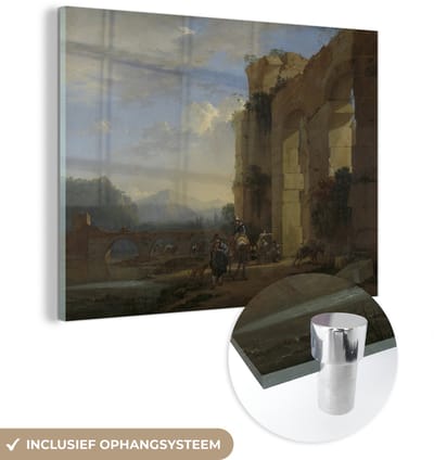 ® Glasschilderij 160x120 cm - Schilderij acrylglas - Ezeldrijvers bij een Italiaanse ruïne - Schilderij van Jan Asselijn - Foto op glas - Muurdecoratie woonkamer - Wanddecoratie slaapkamer - Schilderijen