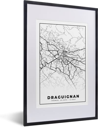 Fotolijst incl. Poster Zwart Wit- Plattegrond - Draguignan - Kaart - Frankrijk - Stadskaart - Zwart wit - 40x60 cm - Posterlijst