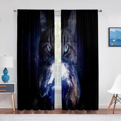 Zwarte kat grote ogen dier grijze tule gordijnen voor woonkamer slaapkamer decoratie transparante chiffon doorschijnende voile raamgordijn 1 PCS W100XH250cm&Grommet Top