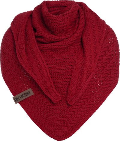 Knit Factory Sally Gebreide Omslagdoek - Driehoek Sjaal Dames - Dames sjaal - Wintersjaal - Stola - Wollen sjaal - Rode sjaal - Bordeaux - 220x85 cm - Grof gebreid