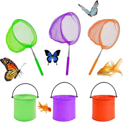 6-delig vissersset voor kinderen: 3 telescopische netten + 3 opvouwbare waterdichte vissersemmers, perfect voor buitensport, insecten vangen en vlinders, groen + oranje + paars.