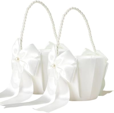 Bloemenmeisjesmanden set - Bruiloft mandjes - Bruiloft decoratie - Parel handvat - 22 cm - Wit