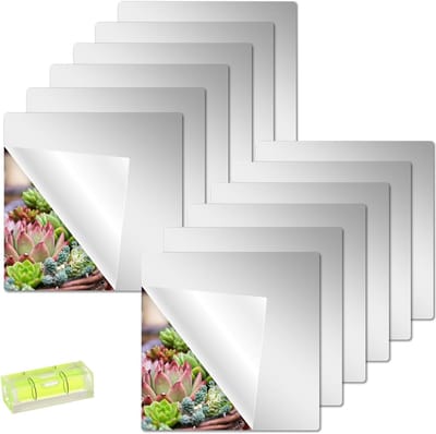 Set van 12 Zelfklevende Tegelspiegels met Waterpas, 20x20cm Flexibele Acryl Spiegelfolie voor Wanddecoratie, Badkamer, Woonkamer en Slaapkamer