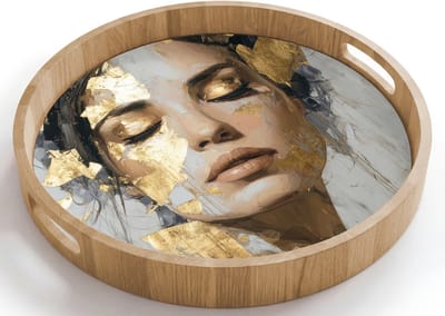 Dienblad rond 40x40 cm - Schootdienblad hout - Sierlijk - Vrouw - Goud - Ogen - Borrelplank rechthoek - Plateau houten dienbladen