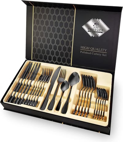 Set 24-delige roestvrijstalen serviesset Bestekset voor 6 personen met geschenkdozen (zwart)