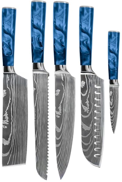 Shinrai Knives - Damascus Print Epoxy Sapphire 5-delige Messenset - Koksmes + Broodmes + Nakiri + Santoku + Schilmes