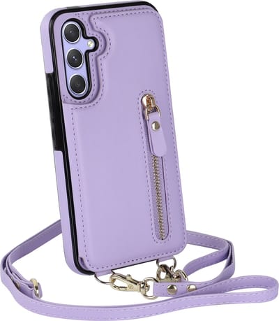 Casemania Hoesje Geschikt voor Samsung Galaxy A15 - Paars - Luxe Back Cover met Koord & Rits - Wallet Case met Pasjeshouder - Lanyard Telefoonhoes - Cord Case