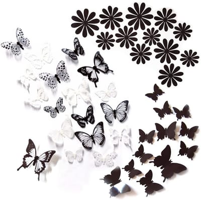 Dailygoods- Muurstickers 42 Stuks - 3D Vlinder/Bloem Decoratie - Zelfklevend PVC - Afneembaar - Glanzend Zwart/Wit - Duurzaam en Makkelijk Schoon Te Maken - Muurdecoratie