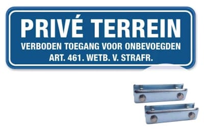 Bord Privé Terrein - Verboden toegang voor onbevoegden - blauw - Weerbestendig Aluminium - 40x15 cm - Bevestiging: Met hekbeugels (voor spijlen- of gaashek)