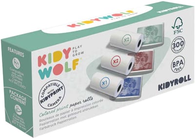KIDYWOLF KIDYROLL Gekleurd Thermisch Papier voor KIDYPRINT / K-PRINT– 5 Rollen, 300 Afdrukken, Navulling voor Kinder Instant Camera