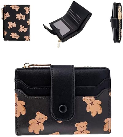 Dailygoods- Portemonnee Dames - Dubbelgevouwen - Ritssluiting - Meerdere Kaartvakken - Zwart Leer met Berenprint - Afmetingen 12,5 x 2 x 9 cm - Geldbeugel
