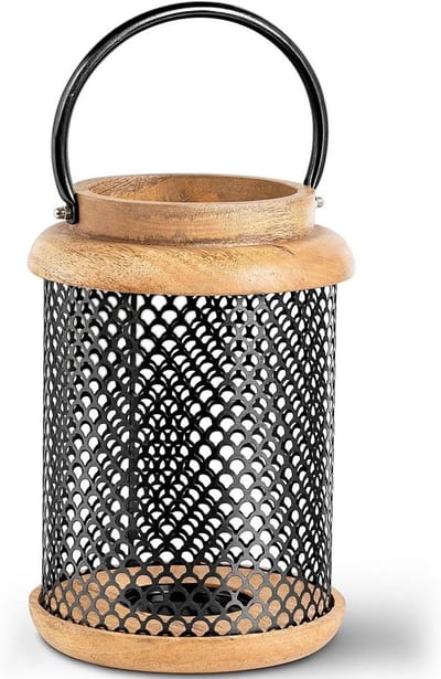 Lantaarn Hout Metaal - Windlicht Decoratie - Sfeerverlichting Buiten - Combinatie Materiaal - 19 x 19 x 28 cm