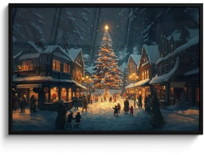 Poster in lijst - Fotolijst 120x80 cm - Posters - Kerstfeest - Dorp - Donker - Posterlijst zwart - Decoratie - Wanddecoratie woonkamer - Muurdecoratie slaapkamer - Kerstversiering - Kerstdecoratie voor binnen - Kerstmis