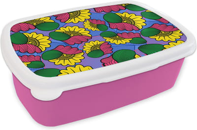 Broodtrommel Roze - Lunchbox - Brooddoos - Bloemen - Patroon - Afrika - 18x12x6 cm - Kinderen - Meisje