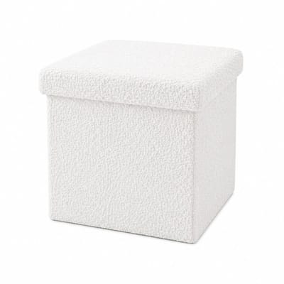 Luxaliving Opbergpoef wit – Opvouwbare Poef met Opbergruimte – Bouclé Teddy Stof – Hocker met Deksel – Voetenbank 35x35 cm