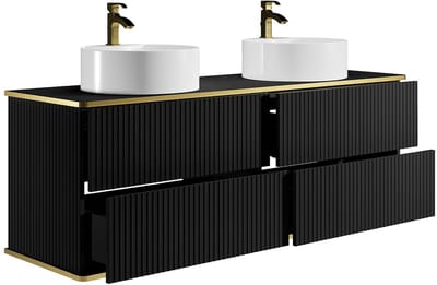 Vente-unique Hangmeubel voor badkamer met ribbels en goudkleurige rand met ronde dubbele opbouwwastafel met 4 lades - Zwart - 150 cm - KELIZA