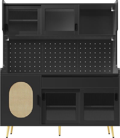 Sideboard / Opbergkast / Keukenkast / Buffetkast, 145x39x171 cm, landelijke stijl, 5 deuren, met LED-verlichting en ordnerplaat, deuren met geribbeld glas, zwart