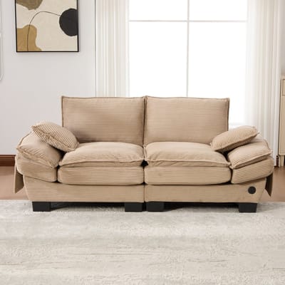 DESMIU Zitbank 190 Cm - 2-Zits Met Brede Ergonomische Zitting, USB-C Aansluiting En Zijvakken - Voor Woonkamer Of Kantoor - Corduroy Khaki