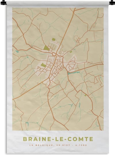 Wandkleed - Wanddoek - Kaart - Vintage - Braine-le-Comte - Plattegrond - Stadskaart - 120x180 cm - Wandtapijt