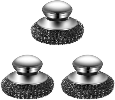 3 stuks roestvrijstalen schuursponsjes, draagbare schrobborstel met handvat, staalwol schuursponsjes, staalwol schuursponsjes voor het reinigen van metalen pannen, grills en potten.