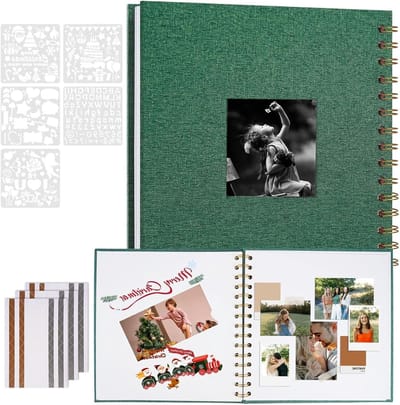 Linnen Fotoalbum met DIY Venster, 20.5×20.5cm Donkergroen Scrapbook, Witte Binnenpagina's voor Reizen, Trouwen, Familie en Verjaardagen